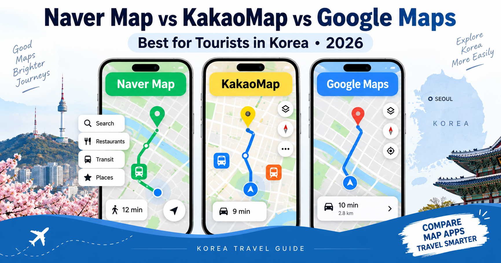 Naver Map vs KakaoMap vs Google Maps comparison for tourists in Korea in 2026