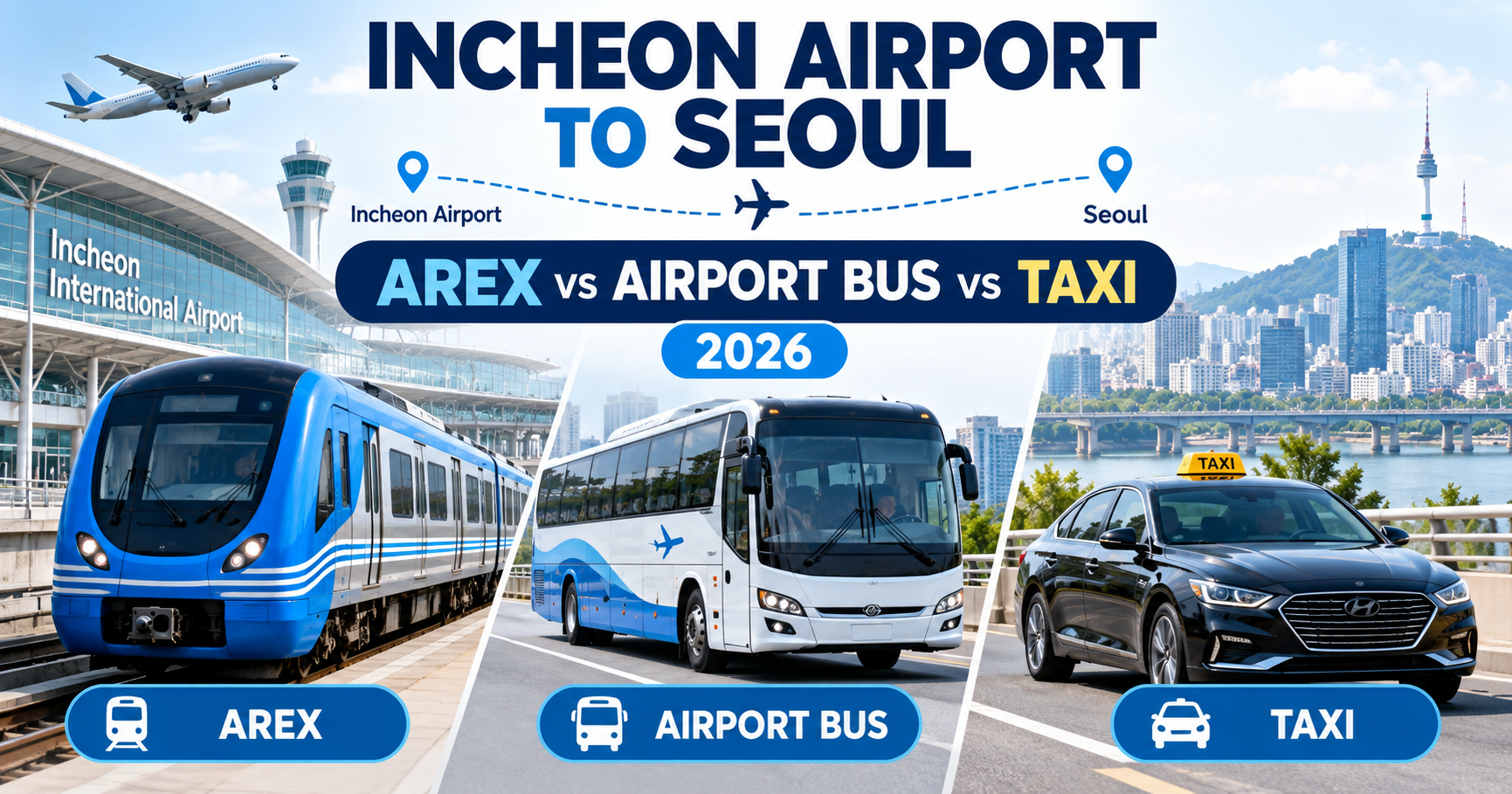 AREX vs airport bus vs taxi from Incheon Airport to Seoul in 2026