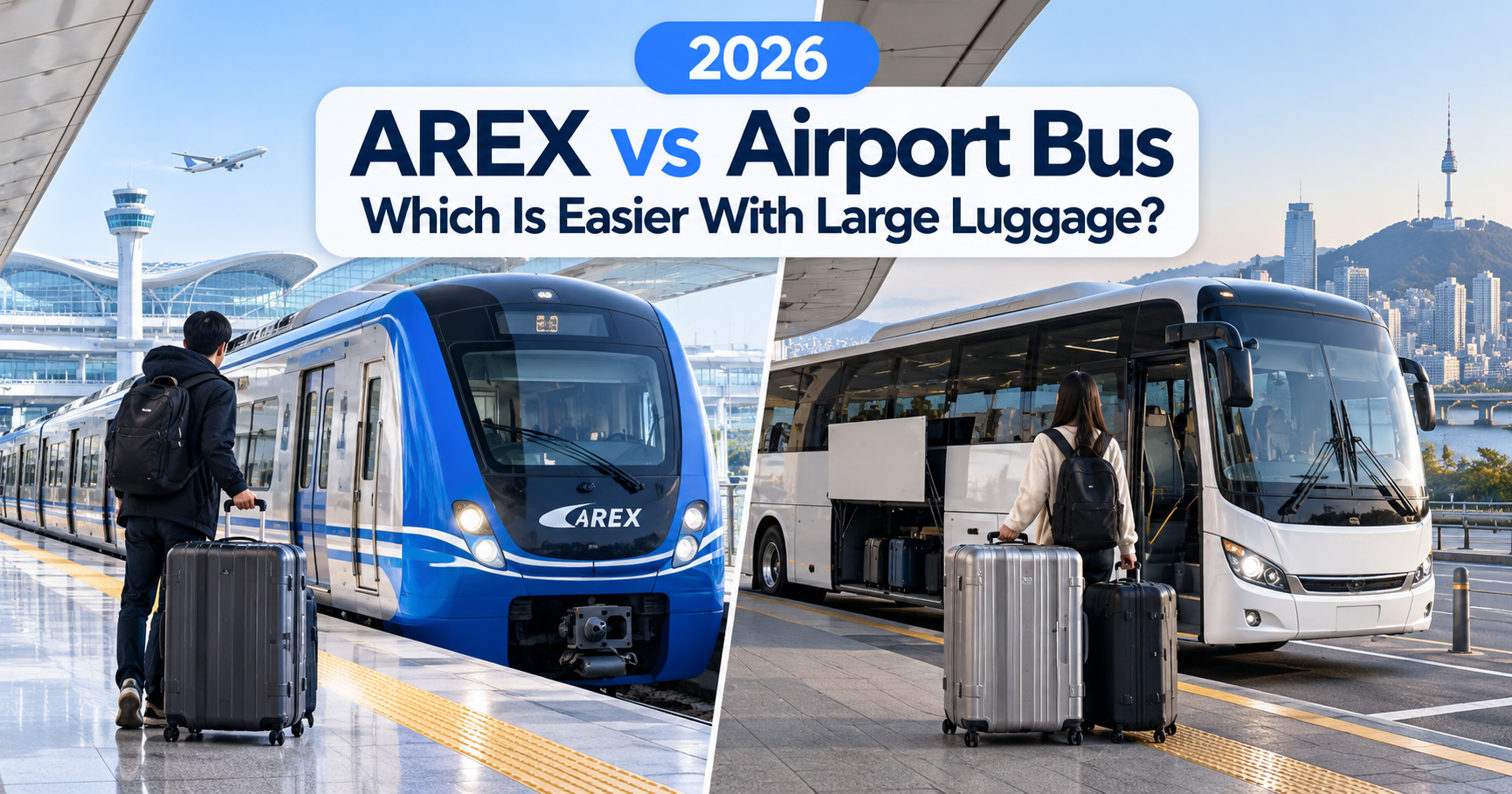 AREX vs airport bus with large luggage from Incheon Airport to Seoul in 2026